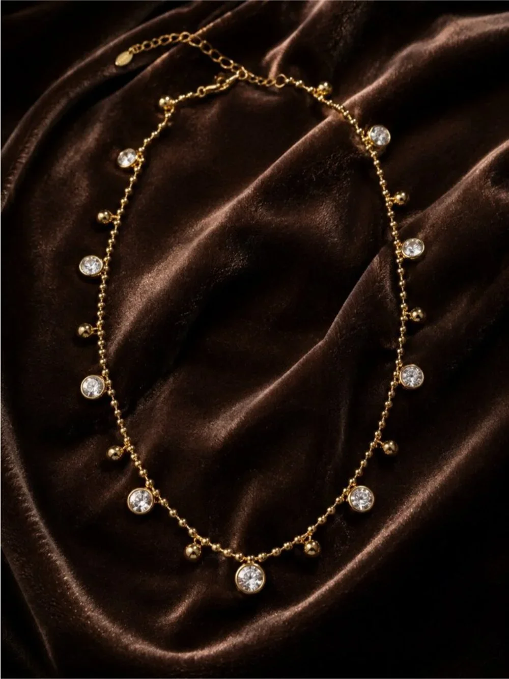 Gold plated Beaded Necklace with Clear Crystal Stations